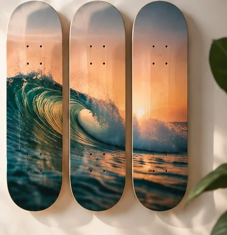 Custom skateboard wall art in a minimal room